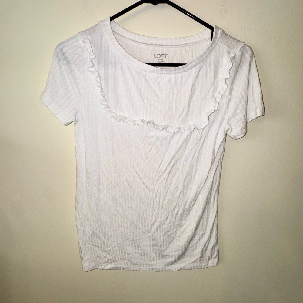 LOFT White Short Sleeve Ruffle Tee